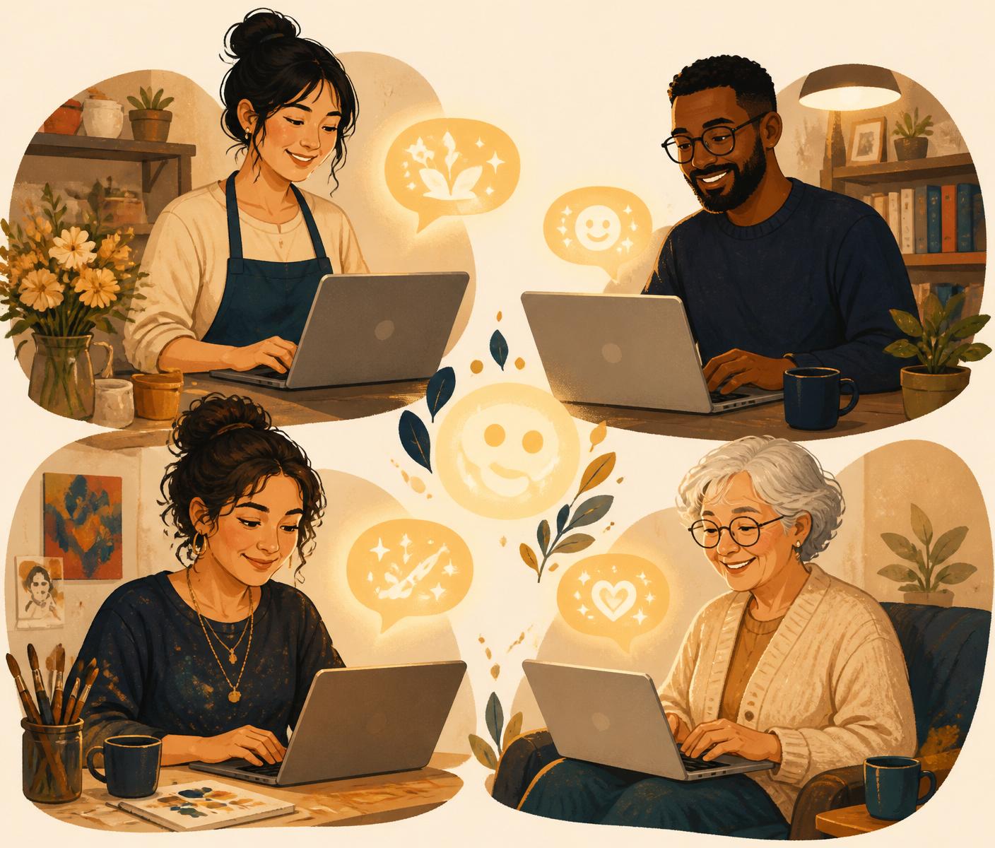 Friendly illustration of everyday people confidently using AI tools on their laptops